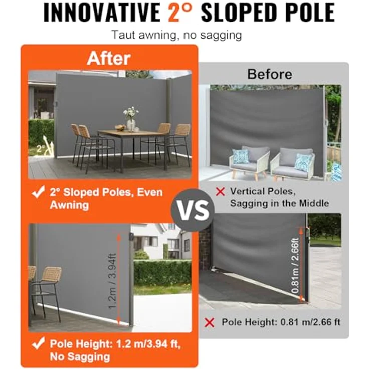 VEVOR Seitenmarkise 200 x 600 cm, Seitenwandmarkise aus 180 g/m² Polyestergewebe mit PU-Beschichtung, einziehbarer Griff mit Federmechanismus, Sichtschutz für Balkone und Innenhöfe, Grau – Bild 3