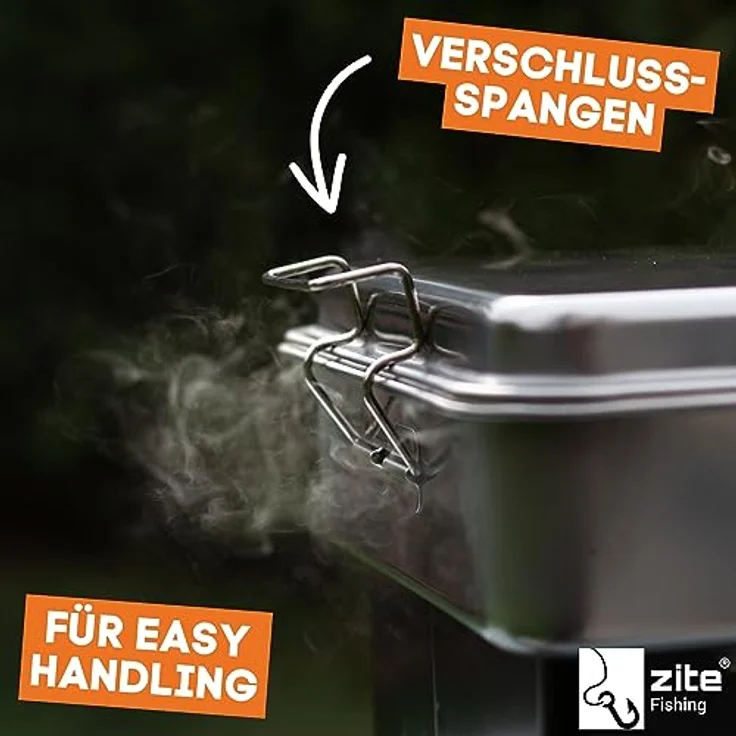Zite Fishing Tischräucherofen Edelstahl Set mit Thermometer, Buchen-Räuchermehl & Räucherlake, für Fisch, Fleisch, Tofu & mehr, flexibel ohne Strom bzw. Gas, kompakt 42x27x21 cm – Bild 4