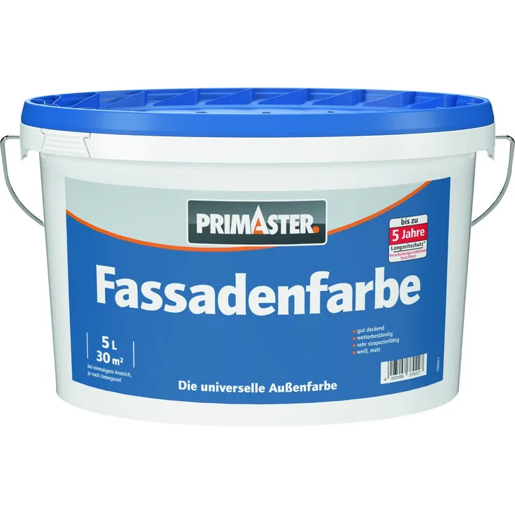 Primaster Fassadenfarbe 5 L, weiße Außendispersionsfarbe für wetterbeständige Fassadenbeschichtungen