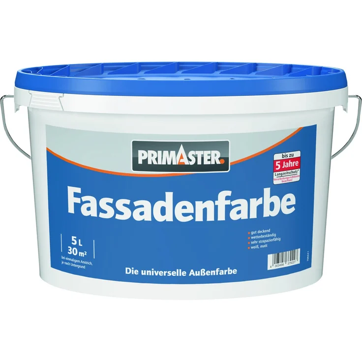 Primaster Fassadenfarbe 5 L, weiße Außendispersionsfarbe für wetterbeständige Fassadenbeschichtungen