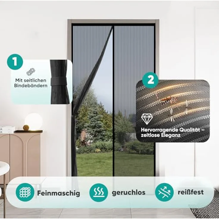 Sekey Fliegengitter Balkontür Magnet | Insektenschutz ohne Bohren, katzensicheres verstärktes Polyester, geräuschloser Magnetverschluss, 80x200 cm Schwarz – Bild 5