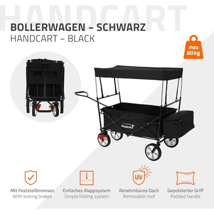 Hauki Bollerwagen L, faltbar mit abnehmbarem Dach, Schwarz, transportabel bis 80 kg, inkl. 2 Netztaschen, 1 Außentasche, Vorderrad-Bremse, 360° drehbare Reifen – Bild 2