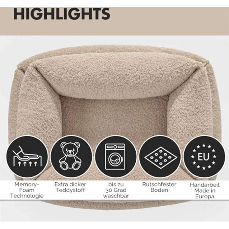 PAW WOW Sven Hundebett, orthopädisches Hundebett aus höhenwertigem OEKO-TEX Teddy-Stoff, waschbar, Greige, 70x100cm, rutschfeste Unterseite – Bild 5