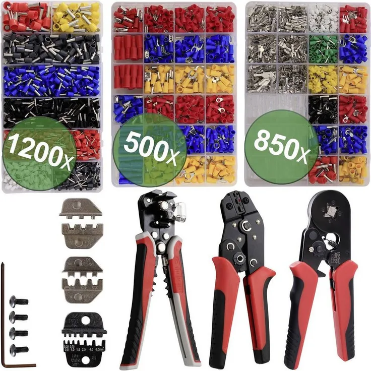 Quadrios Crimpzange, Multifunktionszange aus Kohlenstoff-Stahl S50C mit feiner Betätigungskraft-Einstellung, inkl. Aderendhülsen-Set und Abisolierzange