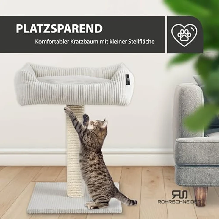 Rohrschneider Katzenbaum Wolly Made in Germany, breiter Kratzstamm mit Katzenbett Cordstoff in verschiedenen Farben – Bild 5