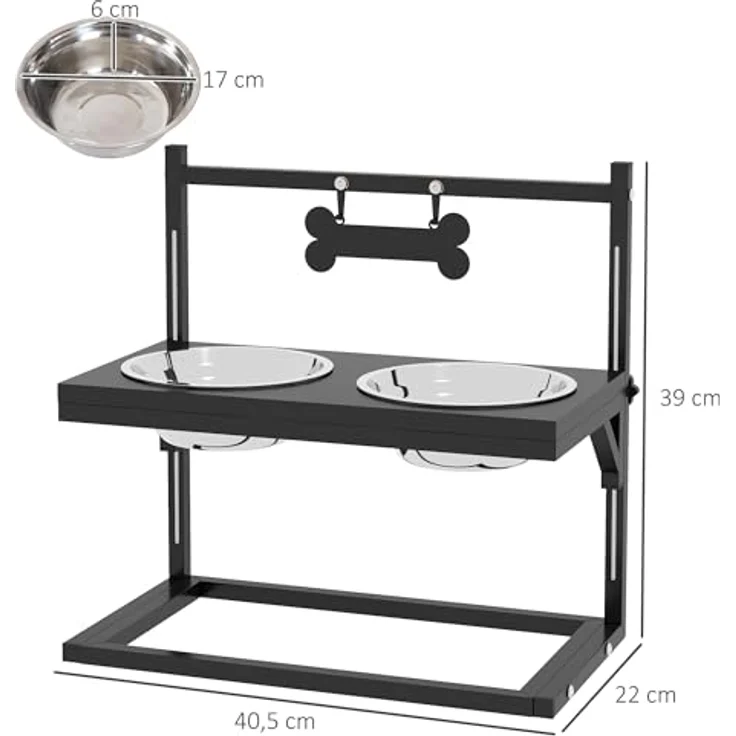 PawHut Erhöhtes Futterstation mit 0,9L Futterschale, Verstellbarer Hundenapf aus Edelstahl, Futternapf mit Futterständer, knochenförmiger Metallplatte, für alle Hundegrößen, Schwarz – Bild 5