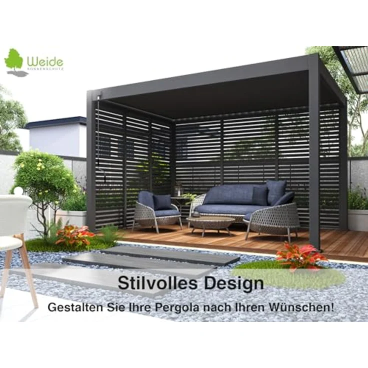 Weide Aluminium-Lamellenwand für Pergola, Holzoptik mit anthrazitfarbenem Rahmen, 3 Maße, drehbare Lamellen – Bild 7