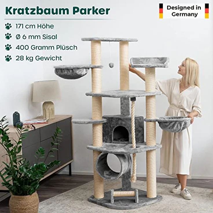 HAPPYPET Großer Kratzbaum Parker 171 cm hoch - Kletterbaum Katzenbaum für Katzen, Stabile Dicke Sisal-Säulen 11 cm, Haus Spieltunnel, große Liegemulden (Belastbar 15 kg), Spieltau & Kratzrolle, Grau – Bild 2
