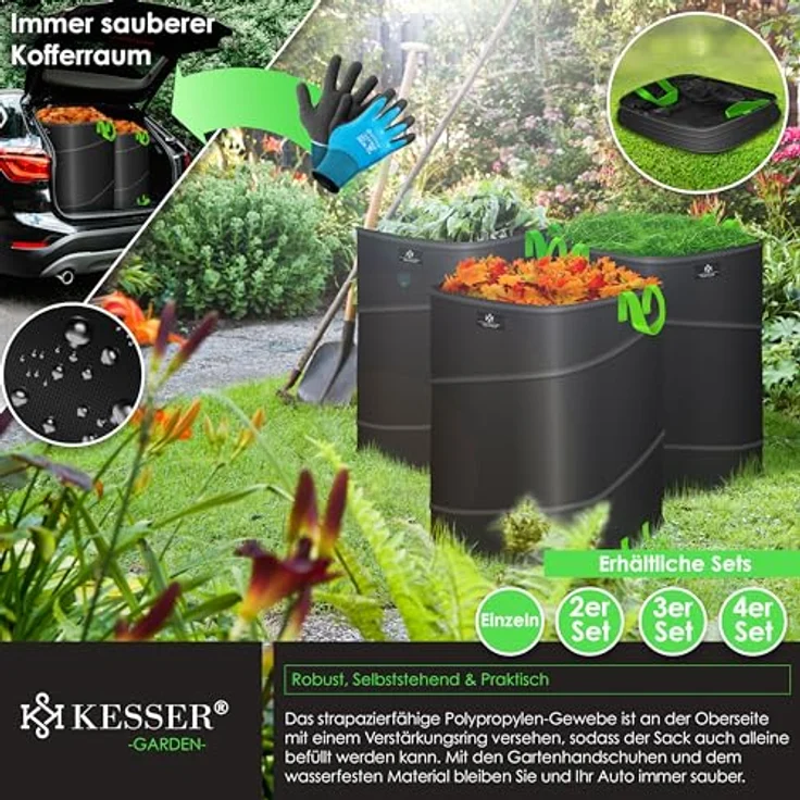 KESSER® Pop-Up-Gartensack 73L Laubsack Gartenabfallsack inkl. Handschuhe | Selbststehend mit Griffen Stabil Robust & Faltbar | Grünschnitt-Gartensack in Schwarz – Bild 4