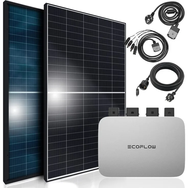 SUNNIVA Balkonkraftwerk Black Frame BIFACIAL 1144/800W Solaranlage, mit Ecoflow Micro Wechselrichter Wifi Bluetooth, upgradebar drosselbar, PMax: 880 W, 5m Kabel