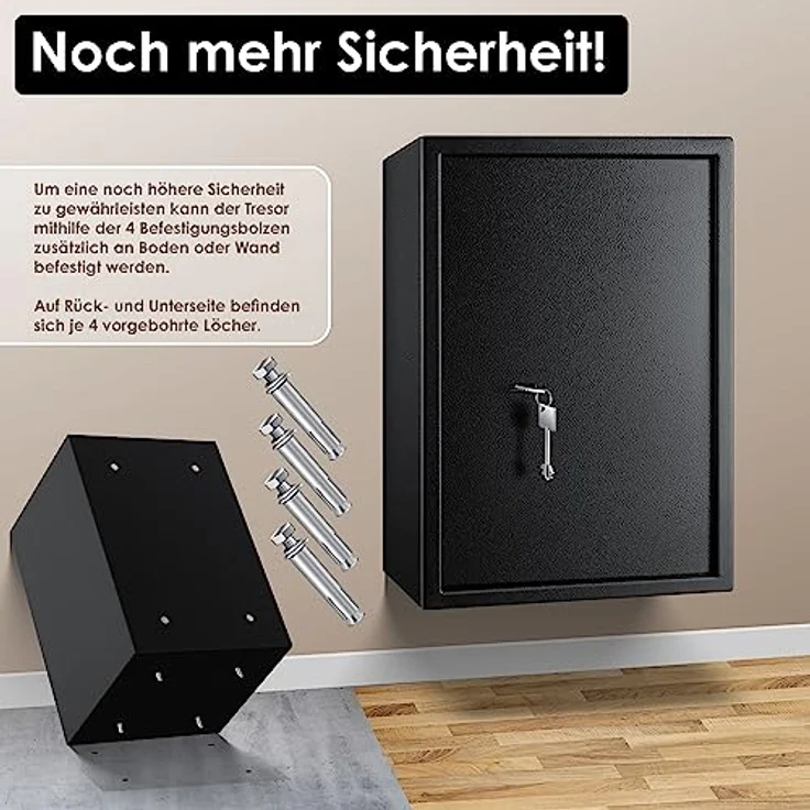 KESSER Möbeltresor mit Doppelbartschloss, Safe Tresor Geldschrank Boden-Wandtresor Wandsafe 50x35x31cm ink. 2 x Schlüssel & Befestigungsschraube Schwarz – Bild 5