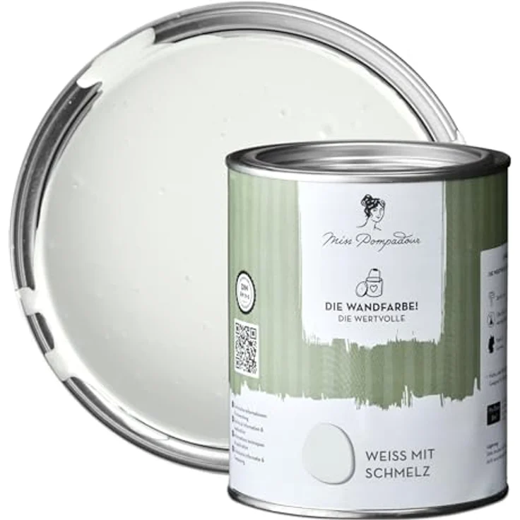 MissPompadour Wandfarbe Weiß mit Schmelz, matte Innenfarbe mit sehr hoher Deckkraft, geruchsneutral, 1 L, wasserbasiert – Bild 1