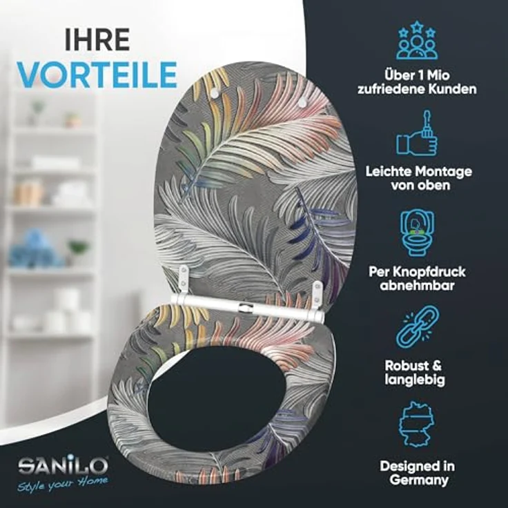 Sanilo WC Sitz mit Absenkautomatik, Top Fix, bruchfestes Holz, antibakterielle Beschichtung, 4-seitig bedruckt – Bild 2