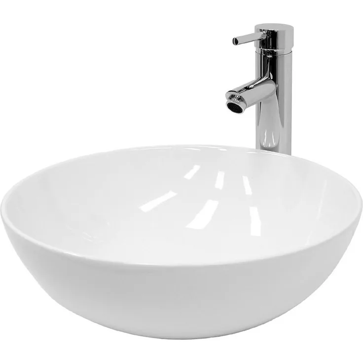 LuxeBath Keramik Aufsatzwaschbecken, Ø 400 mm, inkl. Ablaufgarnitur ohne Überlauf, weiß