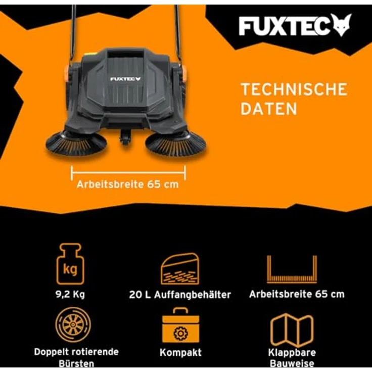 FUXTEC Handkehrmaschine FX-HK65, Kehrgerät für Außenbereiche, 650 mm Arbeitsbreite, 20 L Behälter, ergonomisches Design, Flächenleistung bis 2000 m² – Bild 3