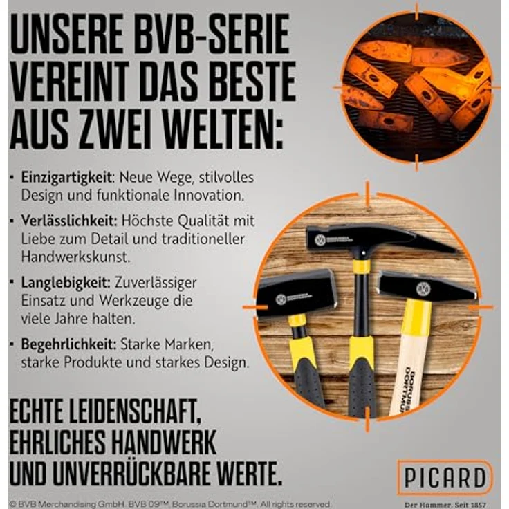 PICARD Hammer Fäustel 1.000g SecuTec HS 43, BVB-Look mit gelasertem Logo und Hickory-Stiel – Bild 5