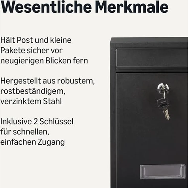 Amazon Basics abschließbarer Briefkasten aus verzinktem Stahl, rostbeständig, 32.5cm H x 21.5cm W x 9.0cm D, Schwarz – Bild 2