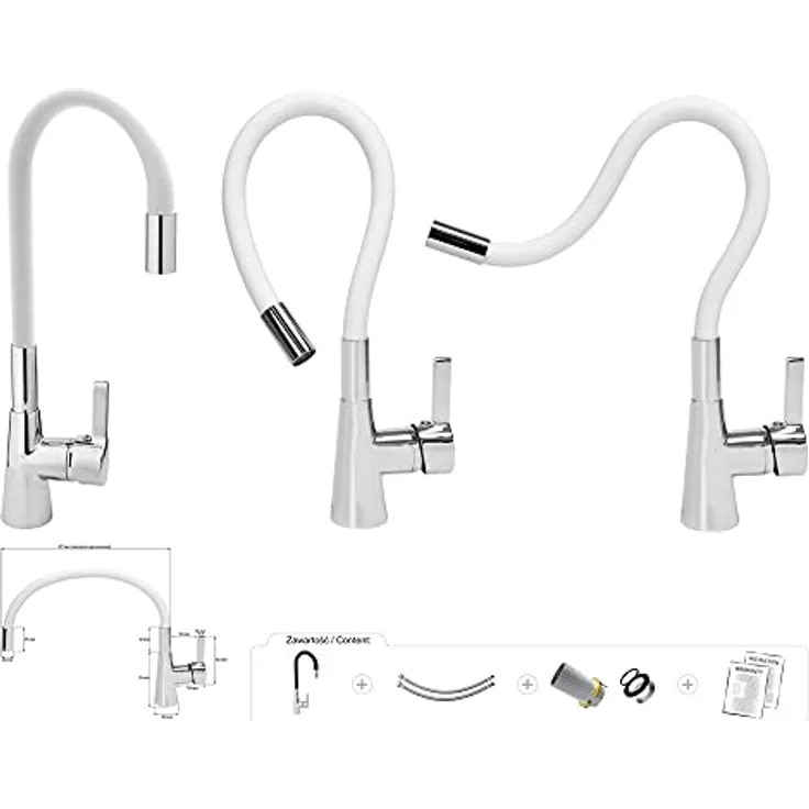 TRIZERATOP Flexible Küchenarmatur, weiß, Einhebelmischer mit verstellbarem Silikonauslauf und Neoperl Luftsprudler