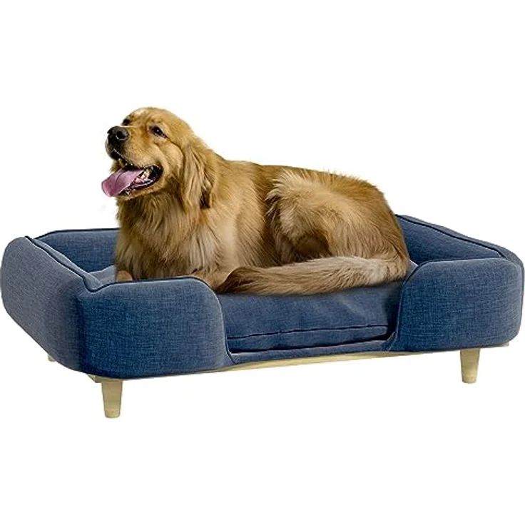 PawHut Hundesofa, Haustiersofa mit Kissen, Hundebett mit Erhöhtem Design, Katzensofa, Hundecouch, Hundesessel mit Holzbeine, Polyester, Dunkelblau, 96 x 66 x 24 cm – Bild 1