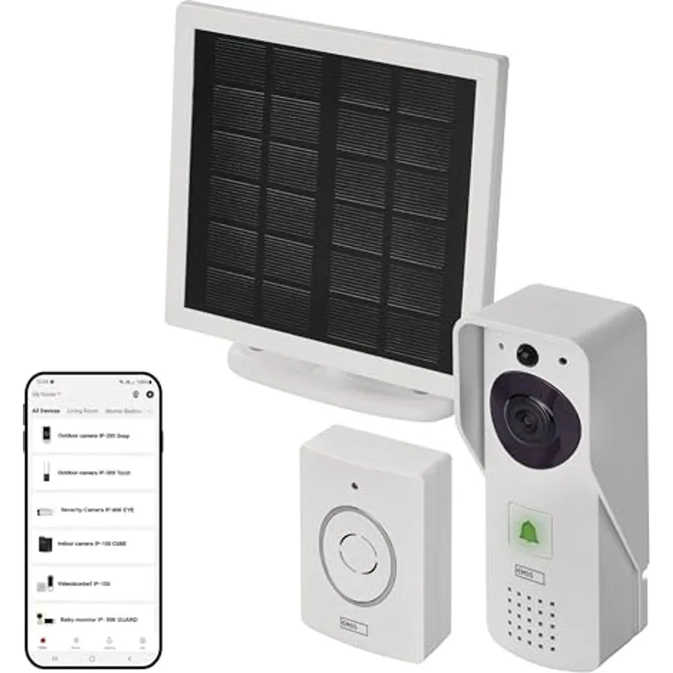 EMOS GoSmart IP-09D, Smart Home Video Türklingel mit Full HD 1080p Kamera, wasserdicht, Solarpanel/Akku, Klingel- und Türschloss-Steuerung, Google Home & Alexa kompatibel, weiß