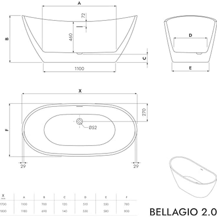 Bernstein BELLAGIO 2.0, Freistehende Badewanne aus weiß glänzendem Acryl, 170x78 cm, doppelwandig, mittiger Ablauf – Bild 7