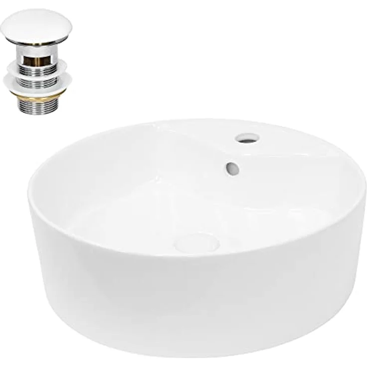 ECD Germany Waschbecken Waschtisch Ø 460 x 155 mm aus Keramik Weiß inkl. Ablaufgarnitur für Waschbecken mit Überlauf Aufsatzbecken Aufsatzwaschbecken Aufsatzwaschtisch Waschschale Spülbecken Becken – Bild 1