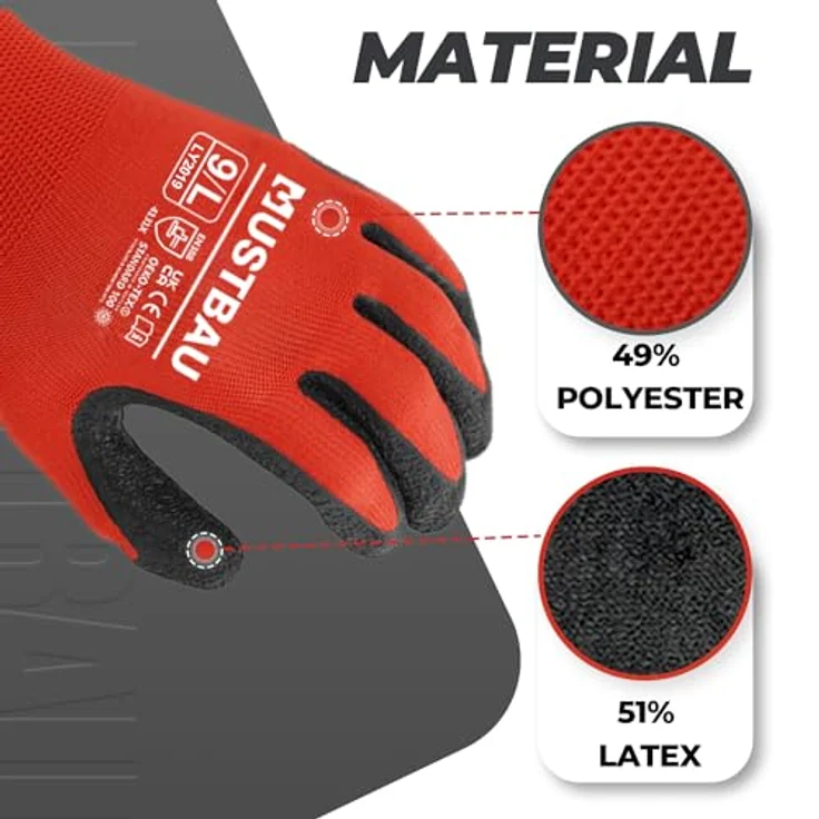 Mustbau 3 Paar Arbeitshandschuhe EN388 Late und Polyester beschichtet, abriebfest und belüftet nahtlos gestrickte Handschuhe Ideal für Gartenarbeit, Mechaniker, Baustellen (Rot,XL) – Bild 2