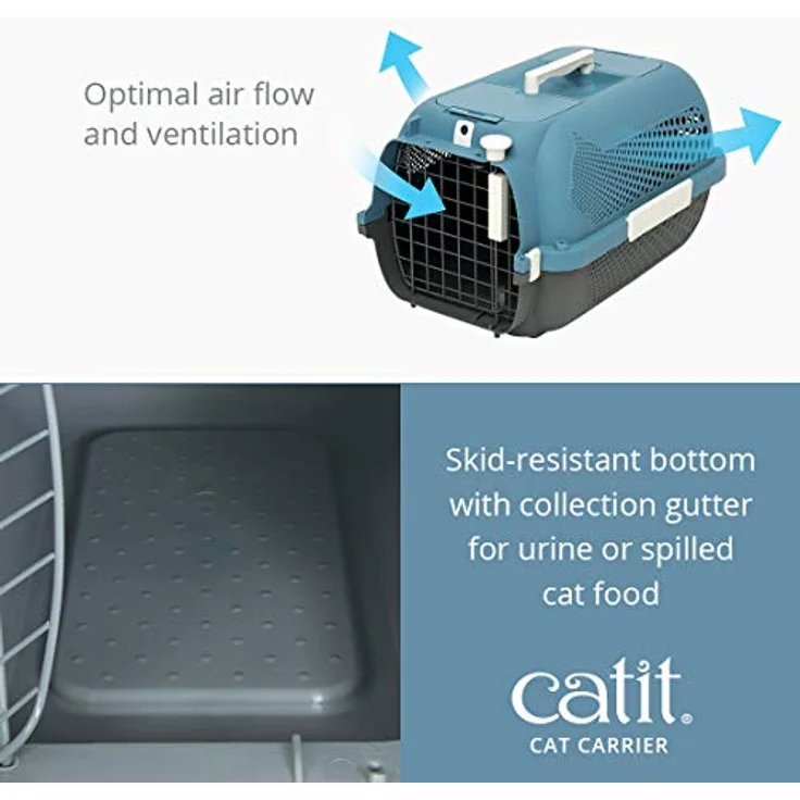 Catit Voyageur Transportbox, Tiertransportbox für Katzen mit Streichelklappe und Futternapf, blau-grau – Bild 4