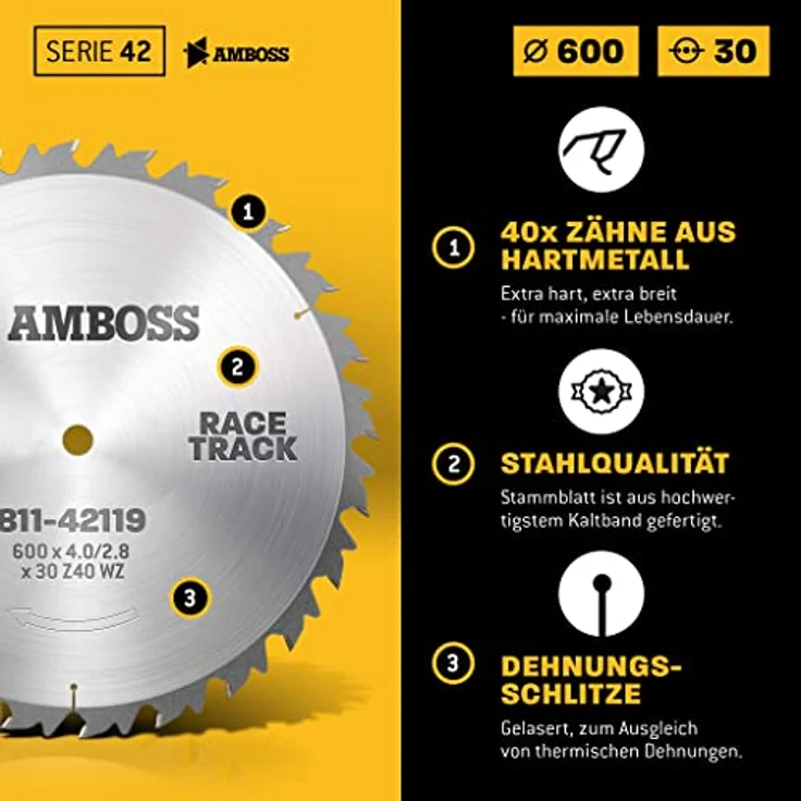 Amboss HM Kreissägeblatt - Ø 600 mm x 4.0 mm x 30 mm/Wechselzahn (40 Zähne) | für grobe, schnelle Zuschnitte in Brennholz & Holzwerkstoffe – Bild 4