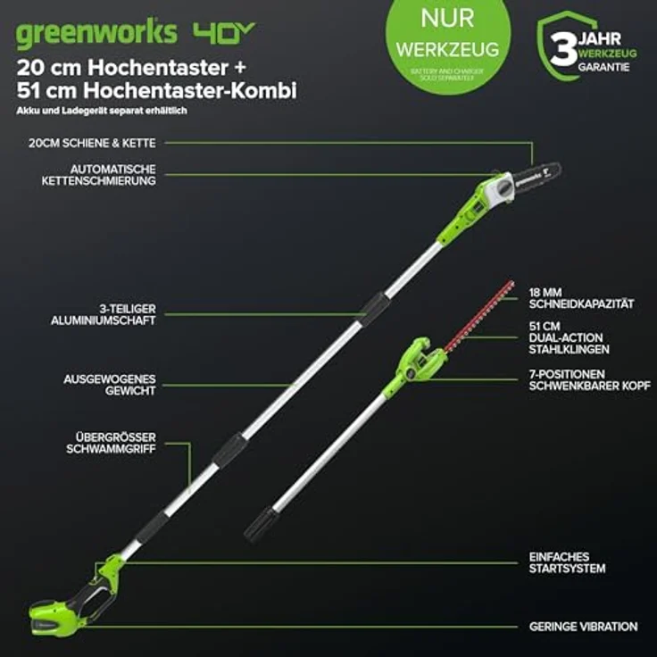 Greenworks Tools Akku-Hochentaster u. Teleskop Heckenschere 2in1 G40PSH (Li-Ion 40 V 51cm-20cm Schwertlänge 18 mm Schnittstärke 240 cm Teleskopstange ohne Akku und Ladegerät) – Bild 3