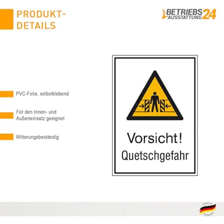 Betriebsausstattung24 Warn-Kombischild „Vorsicht! Quetschgefahr“, selbstklebendes Sicherheitsschild aus Folie, UV- und witterungsbeständig, 13,1 x 18,5 cm – Bild 3