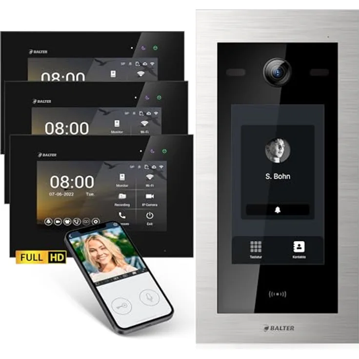Balter EVO-HD Video Türsprechanlage mit 3x 7 Zoll Touchscreen, Full HD Kamera, 175° Weitwinkel, Smartphone App, 2 Draht Bus, RFID für Einfamilienhaus