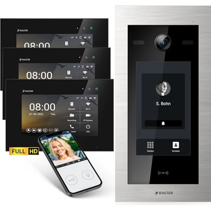 Balter EVO-HD Video Türsprechanlage mit 3x 7 Zoll Touchscreen, Full HD Kamera, 175° Weitwinkel, Smartphone App, 2 Draht Bus, RFID für Einfamilienhaus – Bild 1