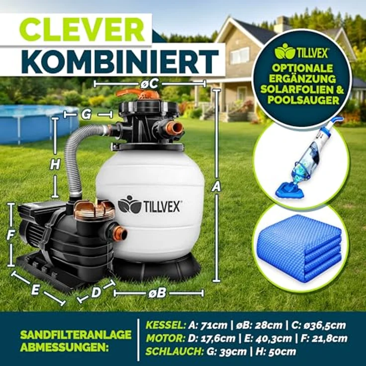 tillvex Sandfilteranlage 13.200L/h mit 1200g Filterbällen, Pumpenfilter mit 7-Wege Ventil & 2in1 Adapter Ø32-38mm für Pools bis 40.000L – Bild 2