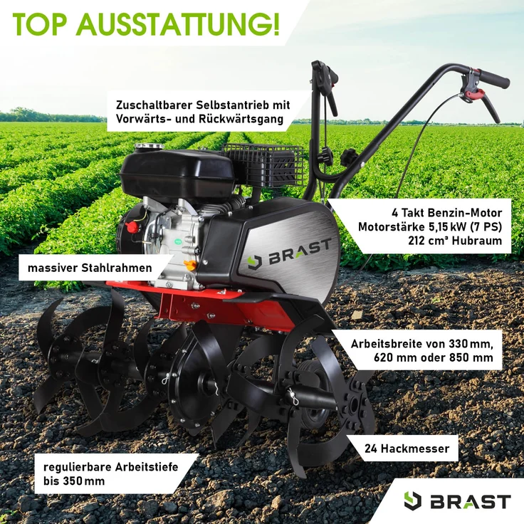 BRAST Motorhacke Benzin Gartenfräse 5,15kW (7PS) Selbstantrieb 33, 62 oder 85cm Arbeitsbreite 212ccm TÜV geprüft - Preisvergleich – Bild 3