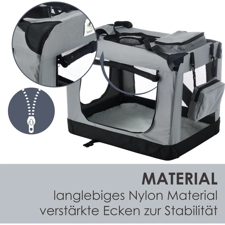 Juskys Hundetransportbox Lassie L (grau) faltbar - 50 x 70 x 52 cm - Reisebox mit Decke, Tasche & Griffen – Stoff Transportbox für Hunde – Bild 8