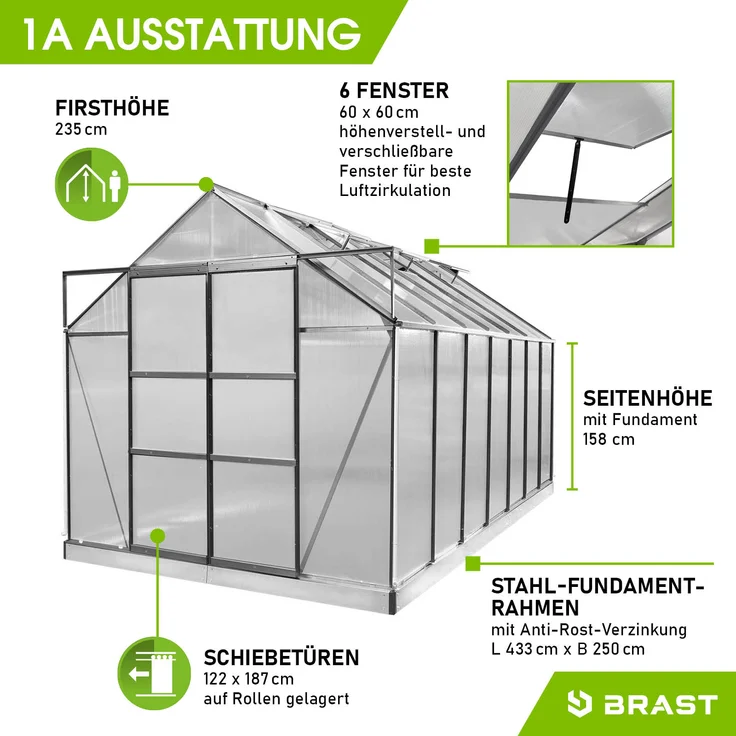 BRAST Gewächshaus Aluminium 430x250x235cm Grau mit Fundament rostfrei TÜV geprüft Alu Treibhaus Glashaus Tomatenhaus – Bild 6
