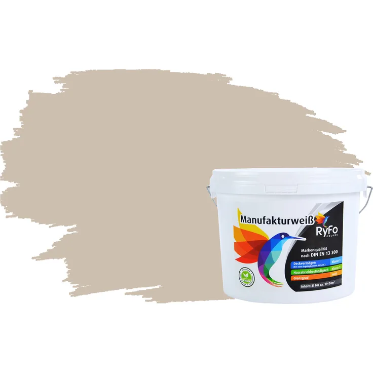 RyFo Colors Bunte Wandfarbe Manufakturweiß Sandbeige 3l - weitere Braun Farbtöne und Größen erhältlich, Deckkraft Klasse 1, Nassabrieb Klasse 1