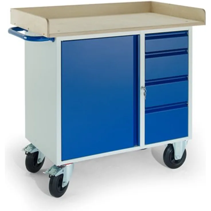 Rollcart Montagewagen mit Holzrand, 4 Schubladen und Stahlschrank