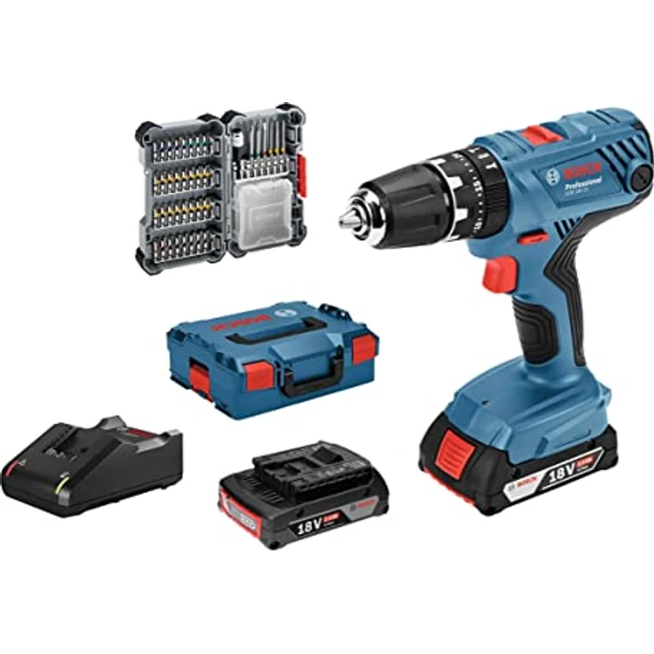 Bosch Professional 18V System Akku Schlagbohrschrauber GSB 18V-21 (2x 2,0 Ah Akku,40tlg. Zubehör Set,in L-BOXX) – Bild 2