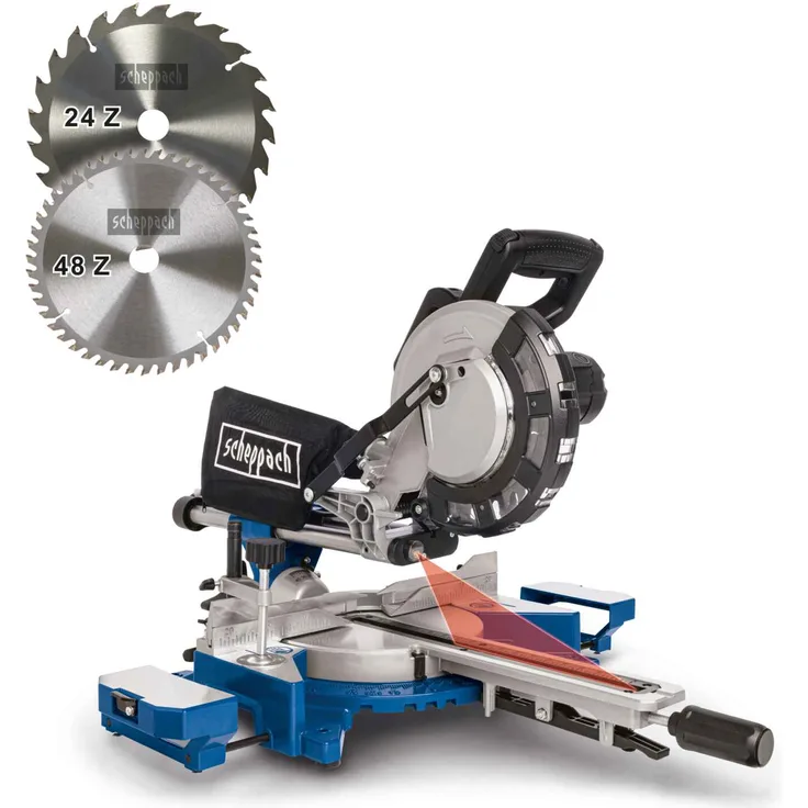 Scheppach HM216 Kappzugsäge Kappsäge Gehrungssäge 2000 W, Ø 216 mm Sägeblatt, 34 cm Schnittbreite mit Schnittkanten-Laser und LED, Drehtisch mit Schnellarretierung, inkl. 2 Hartmetall-Sägeblättern