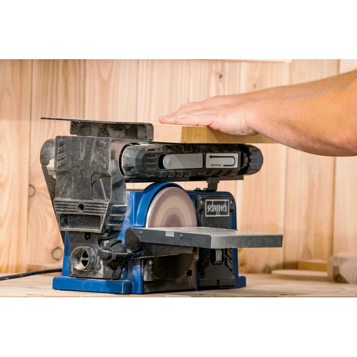 Scheppach Band-Tellerschleifer BTS900 mit Zubehör | Schleifmaschine mit 370W | 230V | 2850 min-1 | Schleifteller Ø 150mm | inkl. 3x Schleifpapier und 3x Schleifband | Bandschleifer Schleifgerät – Bild 2