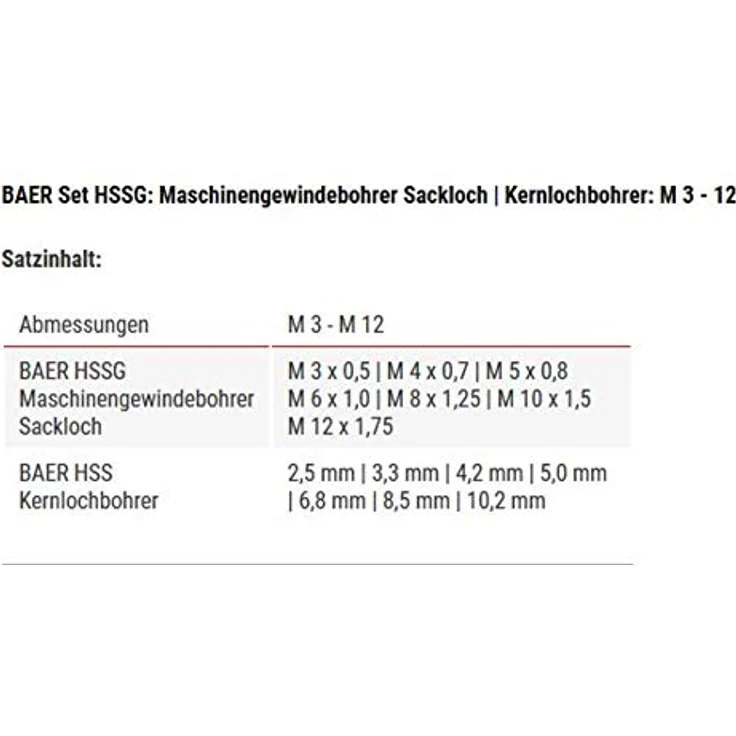 BAER Set HSSG: Maschinengewindebohrer Sackloch Kernlochbohrer: M 3 - 12 – Bild 3
