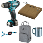 Makita CLX238SAX2 Akku-Spezialset 12V DF333DZ Akku-Bohrschrauber, Ladegerät DC10SB, 2x Li-Ion Akku BL1021B, Becher, USB-Kabel, Rucksack und Heizdecke