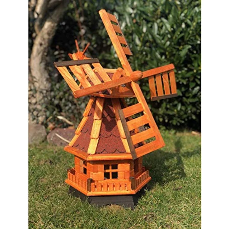 Darlux Sechseck Garten-Windmühle aus Holz kugelgelagert Braun-Rot – Bild 2