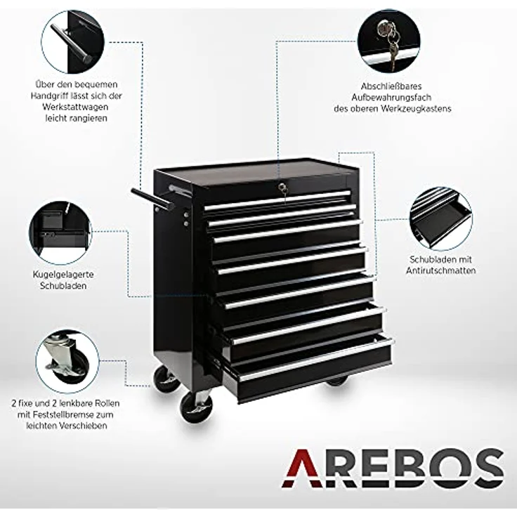 Werkstattwagen Werkzeugwagen Rollwagen Toolbox 7 Schubladen kugelgelagert - Schwarz - Arebos – Bild 4