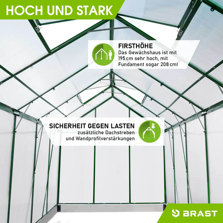 BRAST Gewächshaus Aluminium 380x190x195cm Grün mit Fundament rostfrei TÜV geprüft Alu Treibhaus Glashaus Tomatenhaus – Bild 9