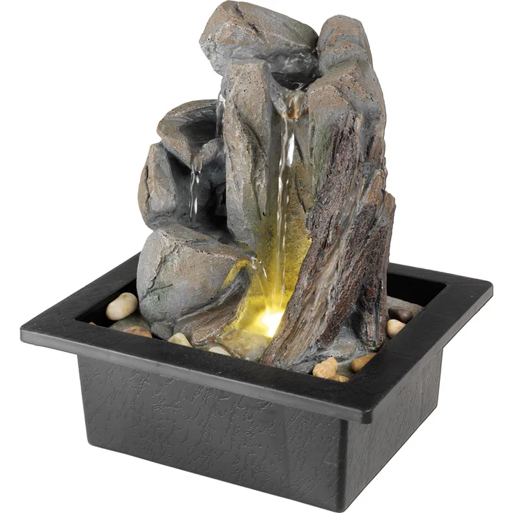 Brunnen - Tischbrunnen - kleine und große Wasserfälle - Polyresin - 1 warmweiße LED - H 24cm