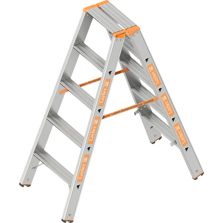 Layher 1043005 Stufenstehleiter Topic, Aluminiumleiter 2x5 Stufen 80 mm Breit, beidseitig begehbar, klappbar, Länge 1.25 m