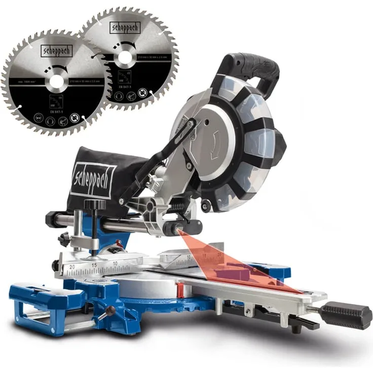 Scheppach HM254SPX Kappzugsäge inkl. 2.Sägeblatt - 2200W | Ø254mm Sägeblatt | Schnittbreite/höhe: 340mm x 90mm | inkl. Laser | Aluauflagen, Drehtisch mit Schnellarretierung, Kappsäge Gehrungssäge
